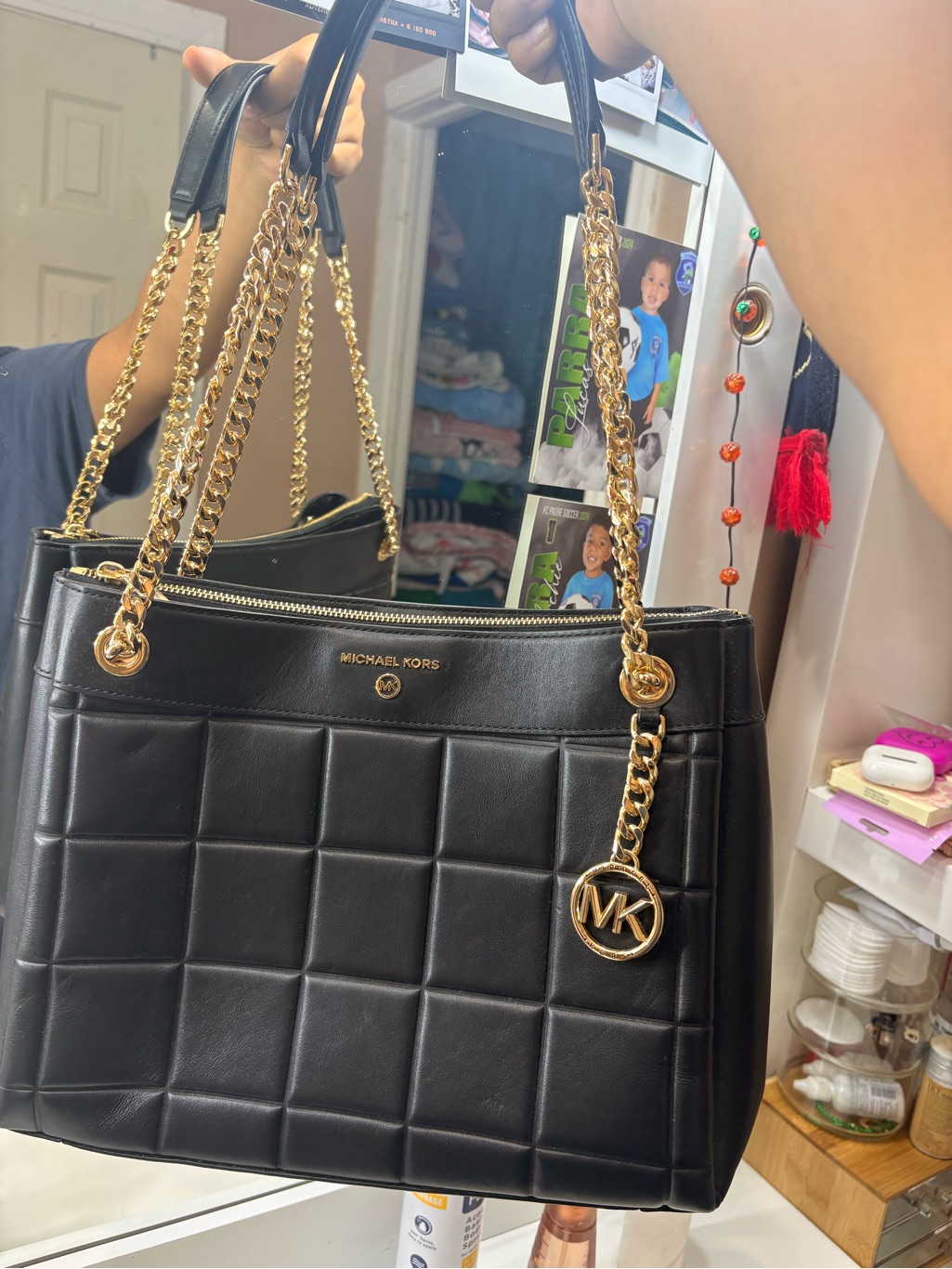 Michael Kors Black Quilted Shoulder Tote With Gold Chain Accents